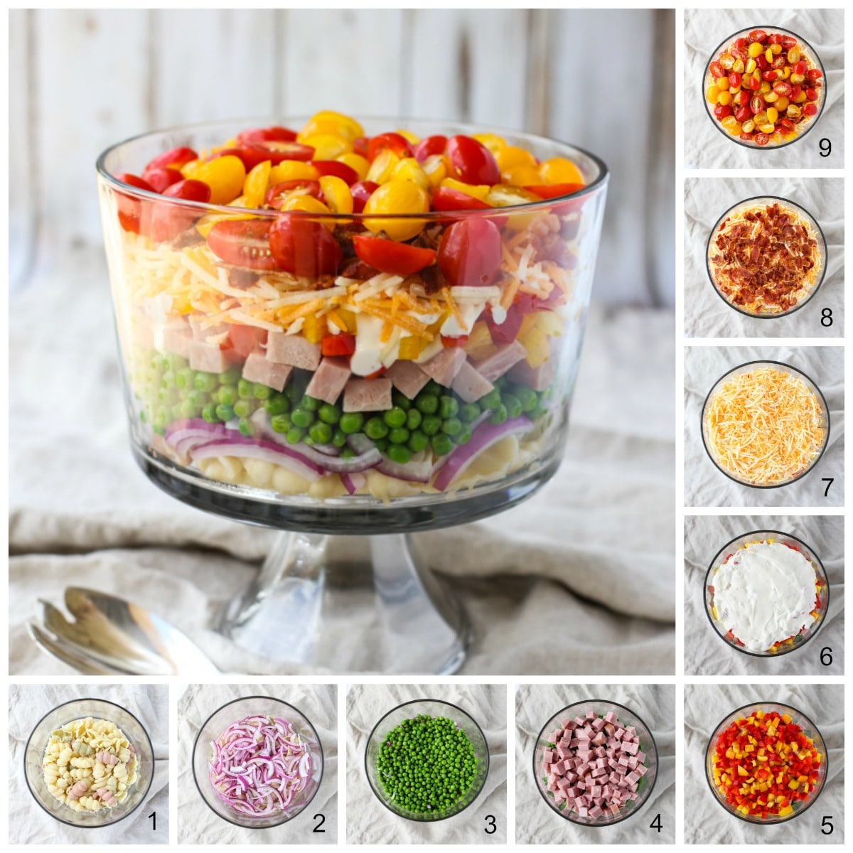 Nine Layer Pasta Salad | Nine layers of fresh textures and flavors combine to make a delicious pasta salad! A beautiful presentation that will wow your guests. Simple and Yum! | WorldofPastabilities.com