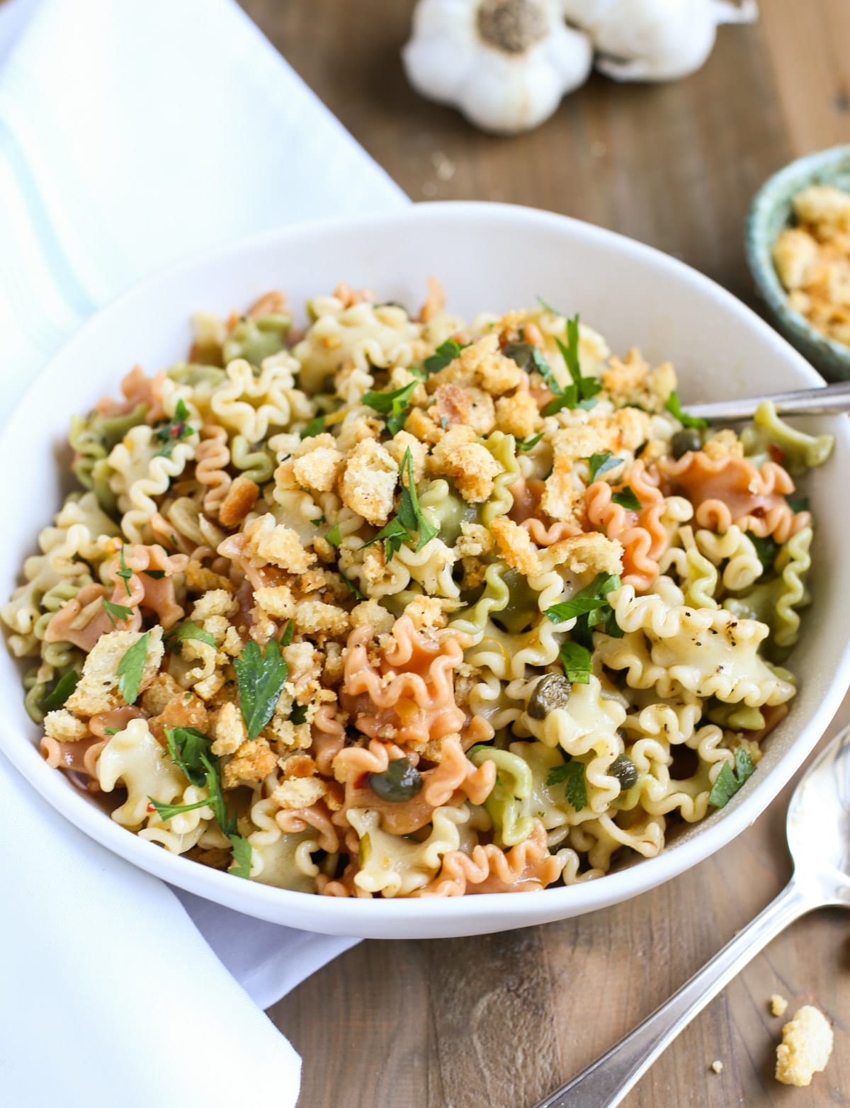 Aglio e Olio Pecorino Breadcrumbs | Garlicky Oil with Capers, Red Pepper Flakes, and Lemon - fab dinner with tons of flavor | World of Pastabilities