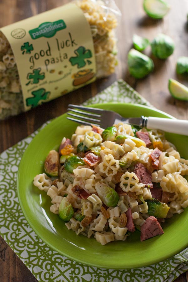 Bacon Brussels Sprout and Corned Beef Pasta | WorldofPastabilities.com