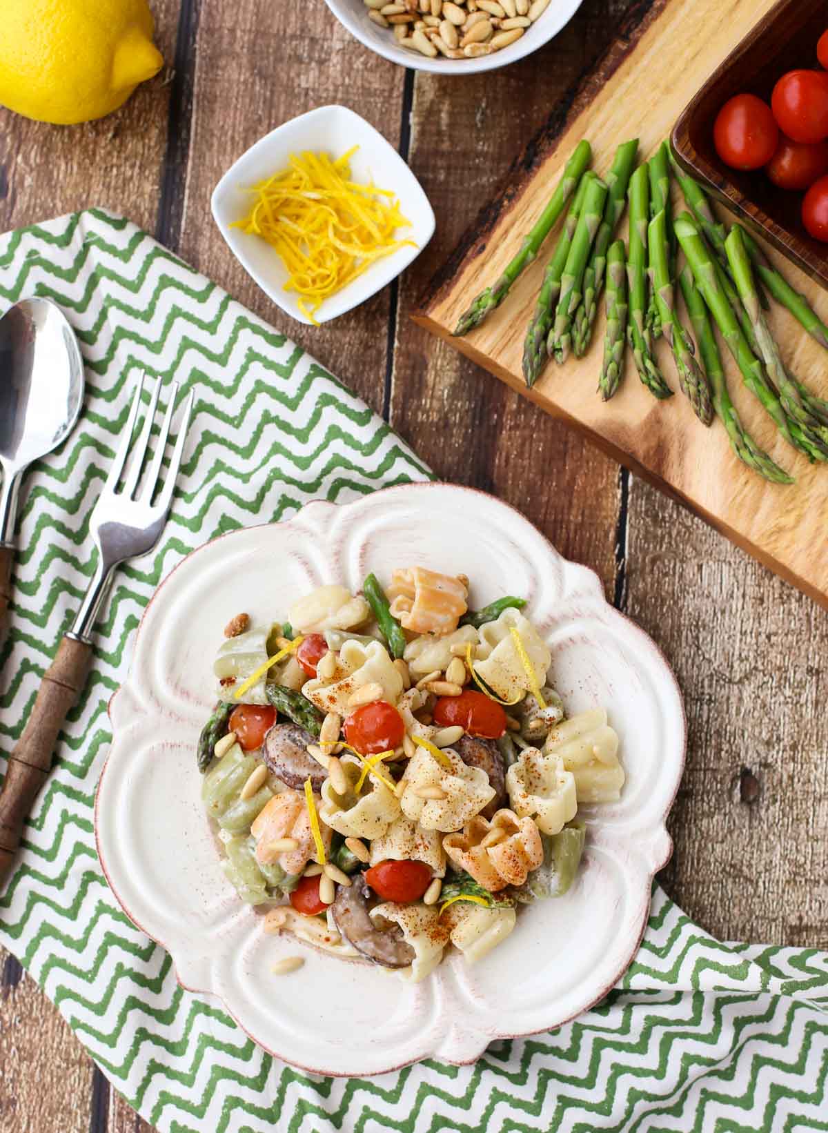 Boursin® Pasta with Oven Roasted Veggies | Simple recipe with sweet roasted veggies and a creamy sauce of Garlic and Herb Boursin Cheese...will become a favorite! Delicious side with grilled meats! | WorldofPastabilities.com