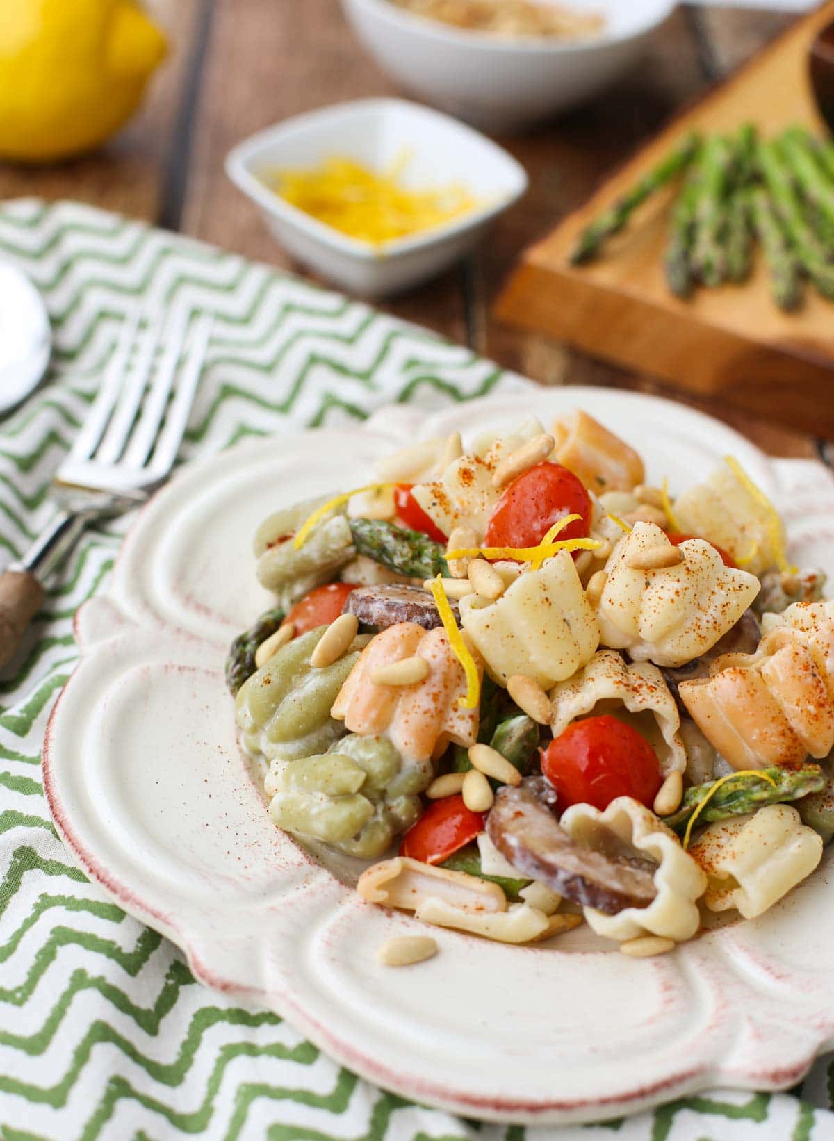 Boursin® Pasta with Oven Roasted Veggies | Simple recipe with sweet roasted veggies and a creamy sauce of Garlic and Herb Boursin Cheese...will become a favorite! Delicious side with grilled meats! | WorldofPastabilities.com