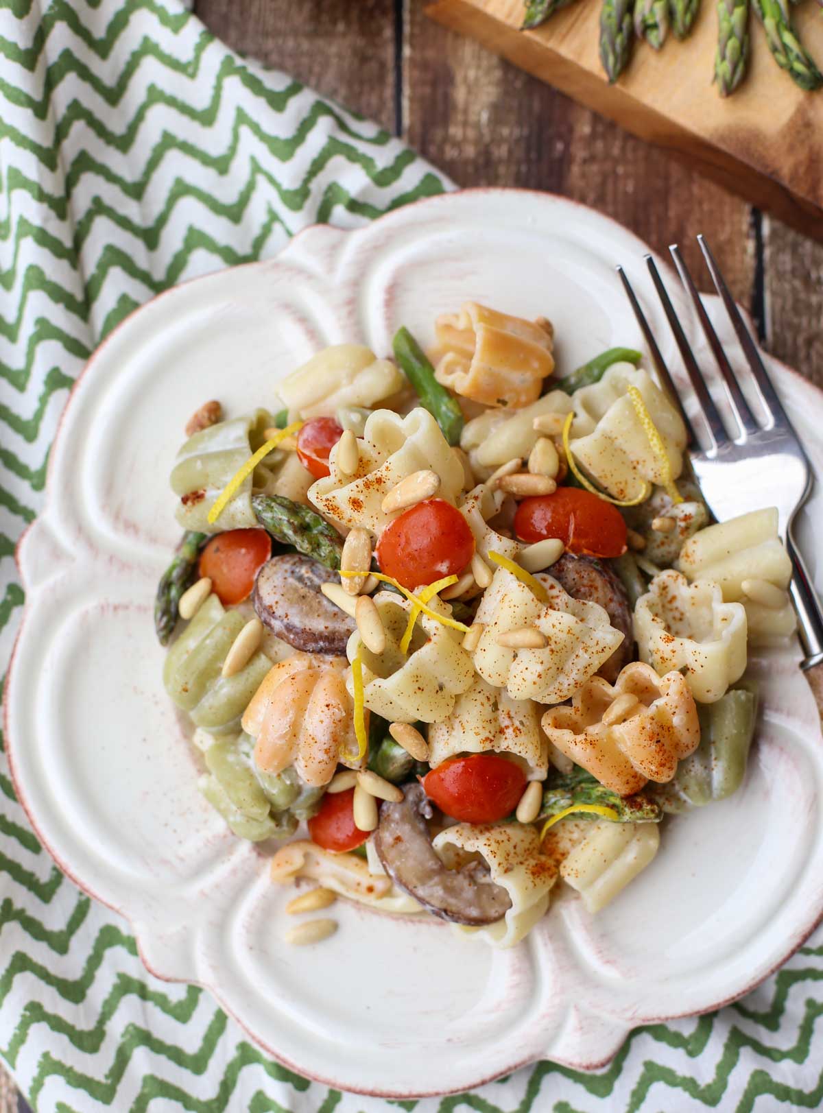 Boursin® Pasta with Oven Roasted Veggies | Simple recipe with sweet roasted veggies and a creamy sauce of Garlic and Herb Boursin Cheese...will become a favorite! Delicious side with grilled meats! | WorldofPastabilities.com