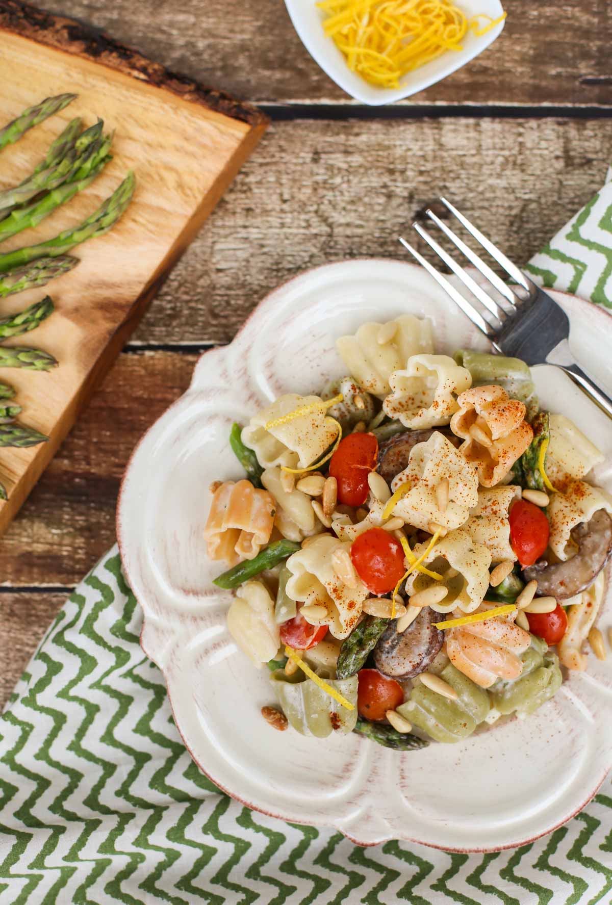 Boursin® Pasta with Oven Roasted Veggies | Simple recipe with sweet roasted veggies and a creamy sauce of Garlic and Herb Boursin Cheese...will become a favorite! Delicious side with grilled meats! | WorldofPastabilities.com