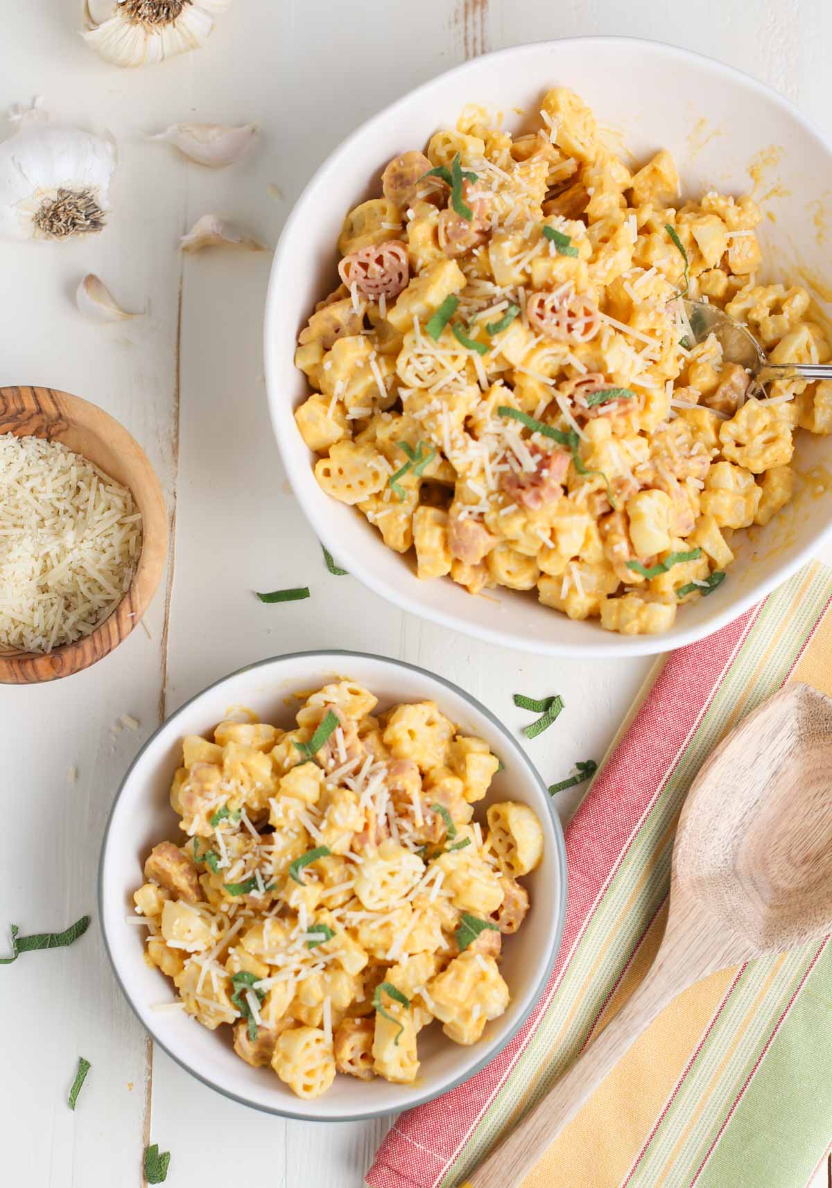 Butternut Squash Alfredo | Two bowls of pasta, one small and one large