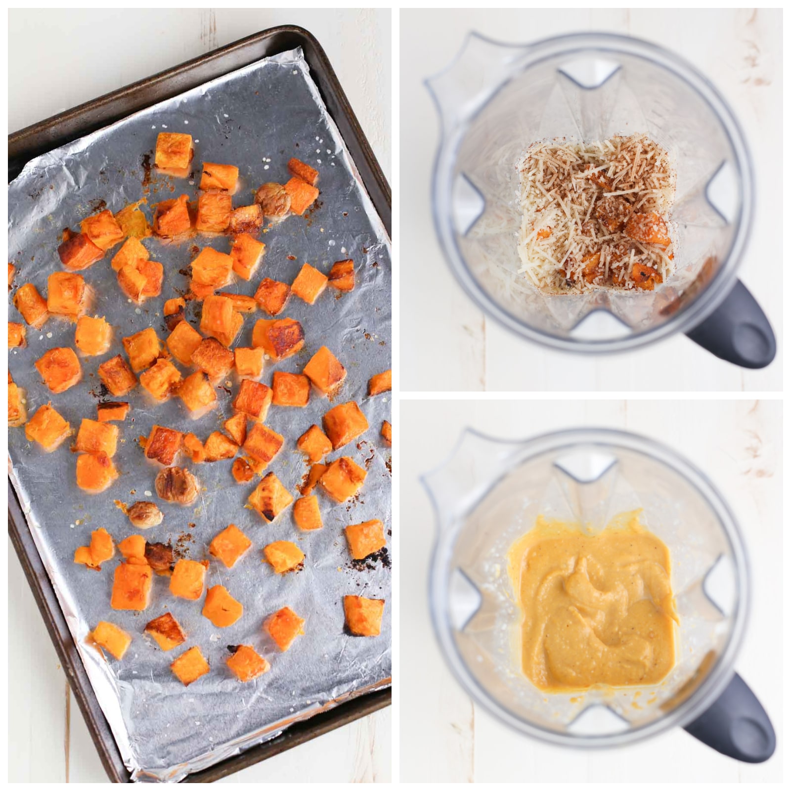 Butternut Squash Alfredo | Collage of roasted squash and before and after blender shots
