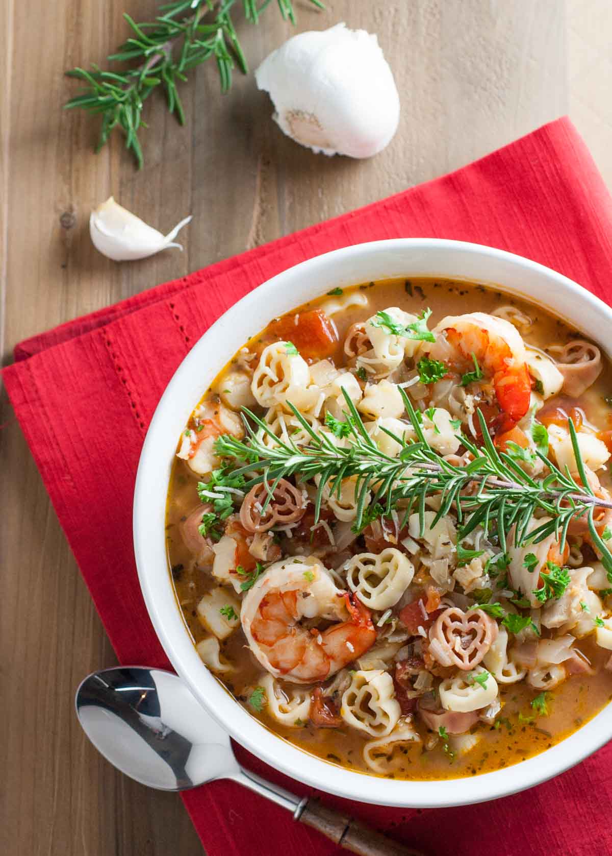 Cioppino with Heart Pasta | WorldofPastabilities.com | Fabulous fish stew with tons of flavor and texture! Delish to serve to your Valentine, also an easy make ahead dish for your guests on any night! Healthy and a WOW!