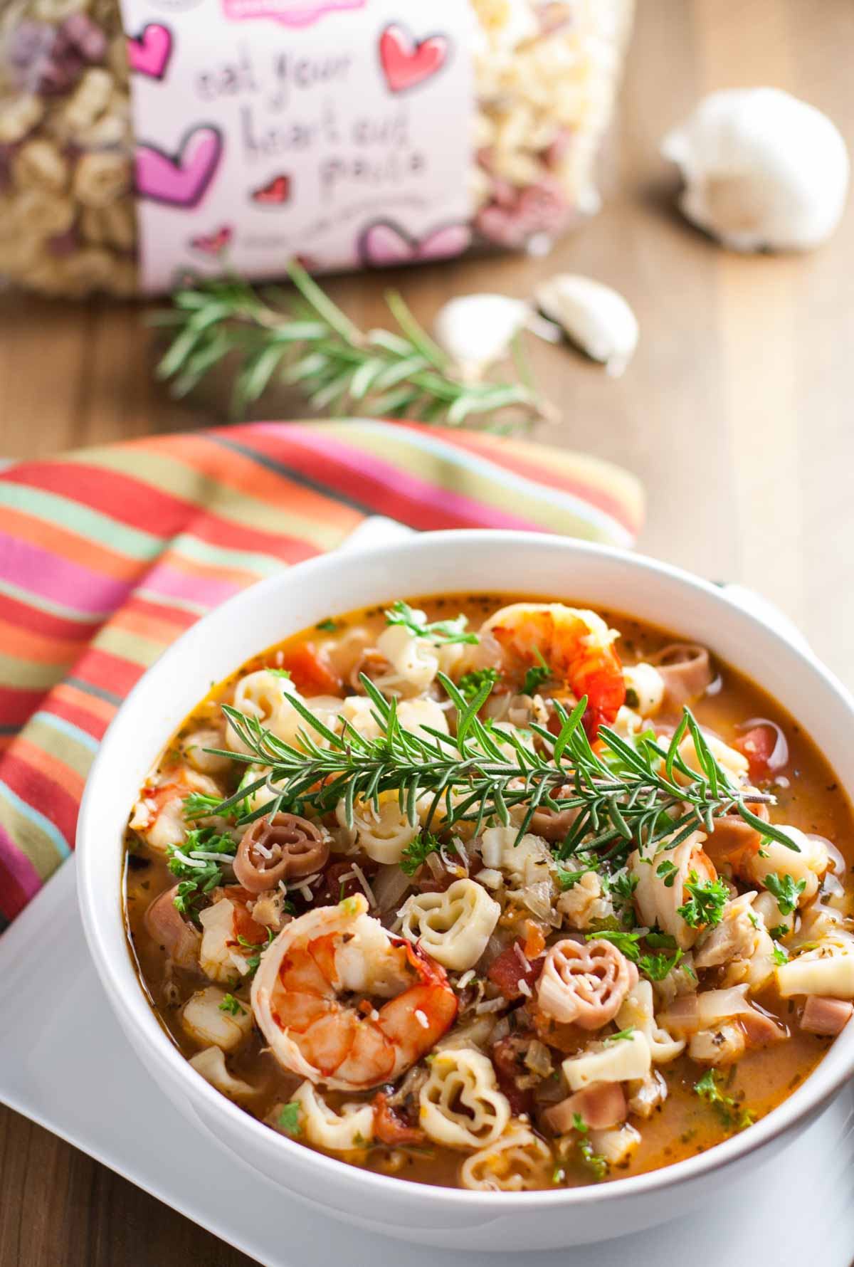 Cioppino with Heart Pasta | WorldofPastabilities.com | Fabulous fish stew with tons of flavor and texture! Delish to serve to your Valentine, also an easy make ahead dish for your guests on any night! Healthy and a WOW!