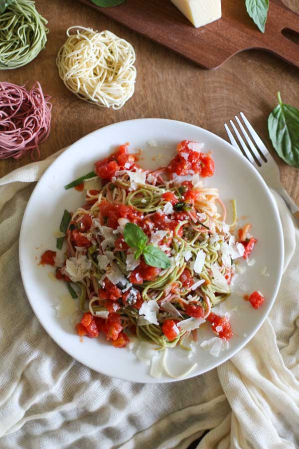 Classic Tomato And Basil Pasta with Tri-Color Angel Hair | WorldofPastabilities.com