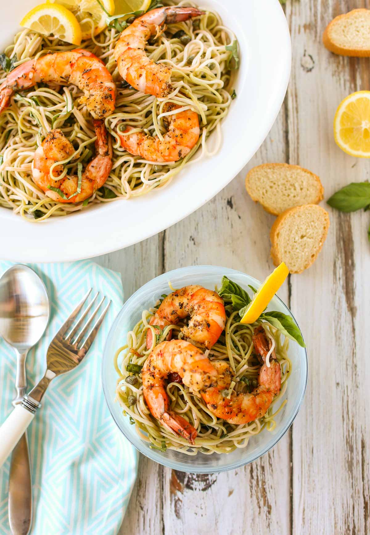 Creole Shrimp with Lemon Basil Pasta | Delicious Creole Spicy Shrimp atop a tangy lemon pasta, a perfect blend of flavors and textures! Serve for dinner at the beach or any poolside gathering. A wonderful simple treat for all! Yum! | WorldofPastabilities.com