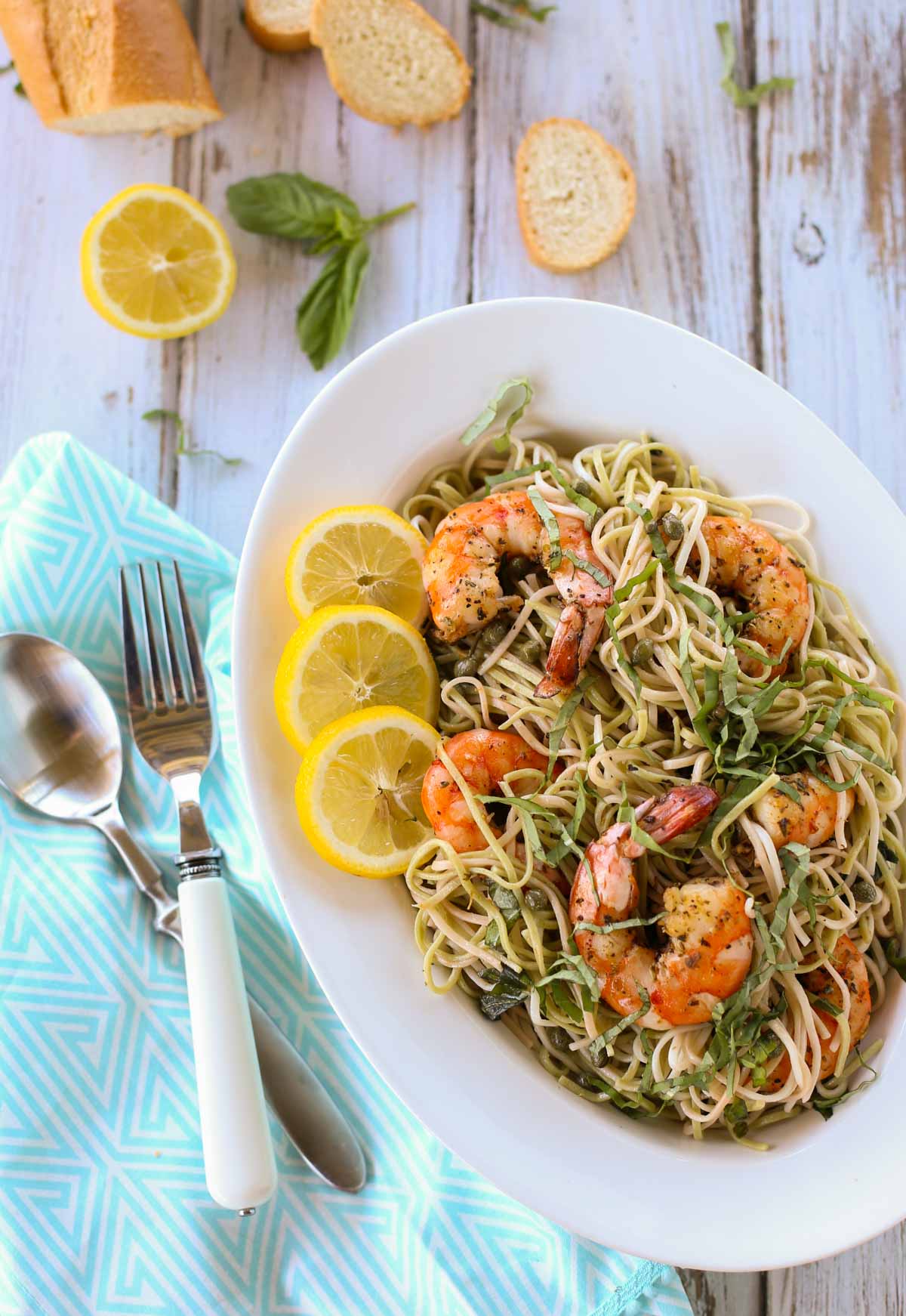 Creole Shrimp with Lemon Basil Pasta | Delicious Creole Spicy Shrimp atop a tangy lemon pasta, a perfect blend of flavors and textures! Serve for dinner at the beach or any poolside gathering. A wonderful simple treat for all! Yum! | WorldofPastabilities.com