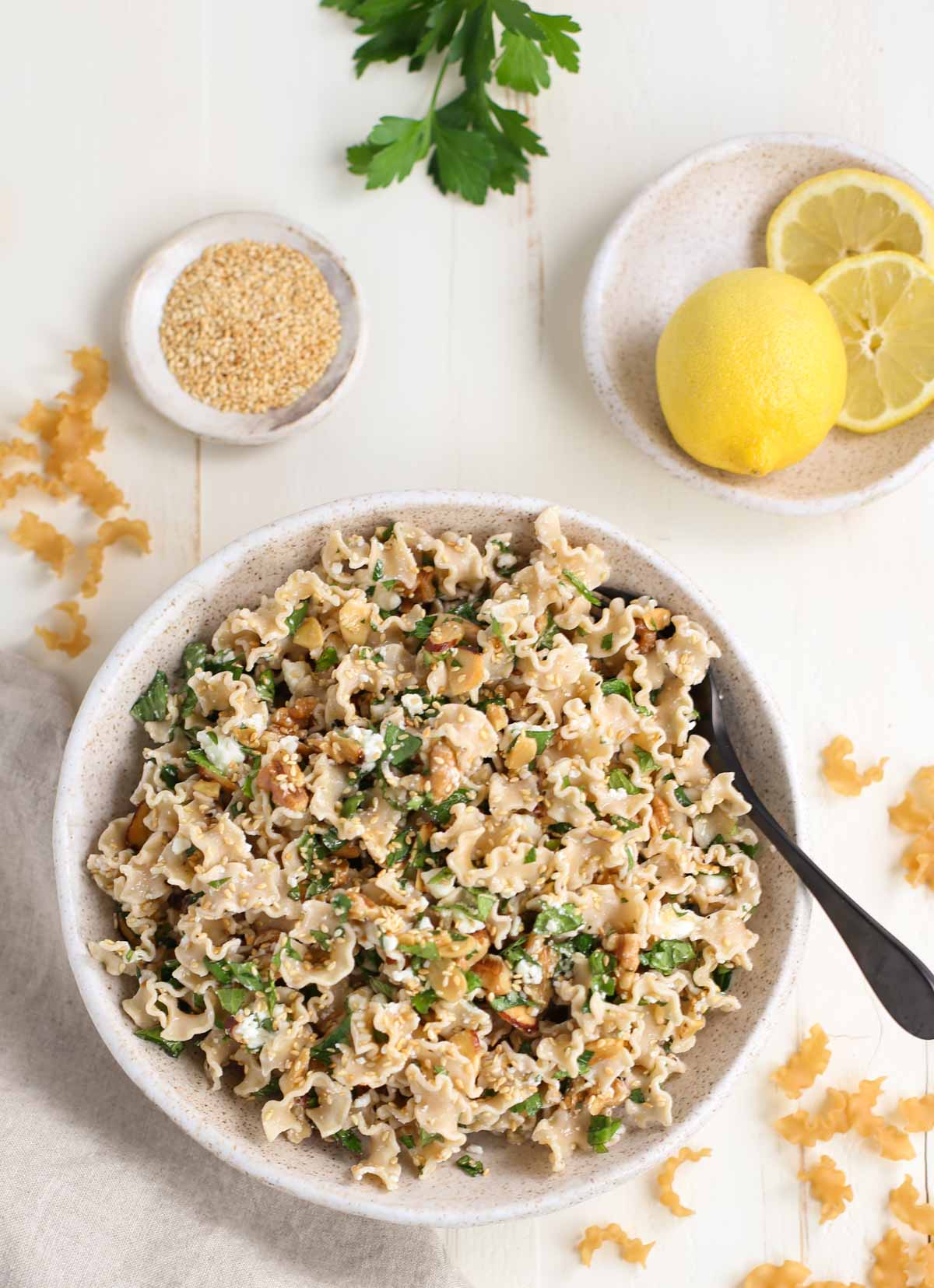 Overhead shot of Toasted Nut and Feta Pasta 