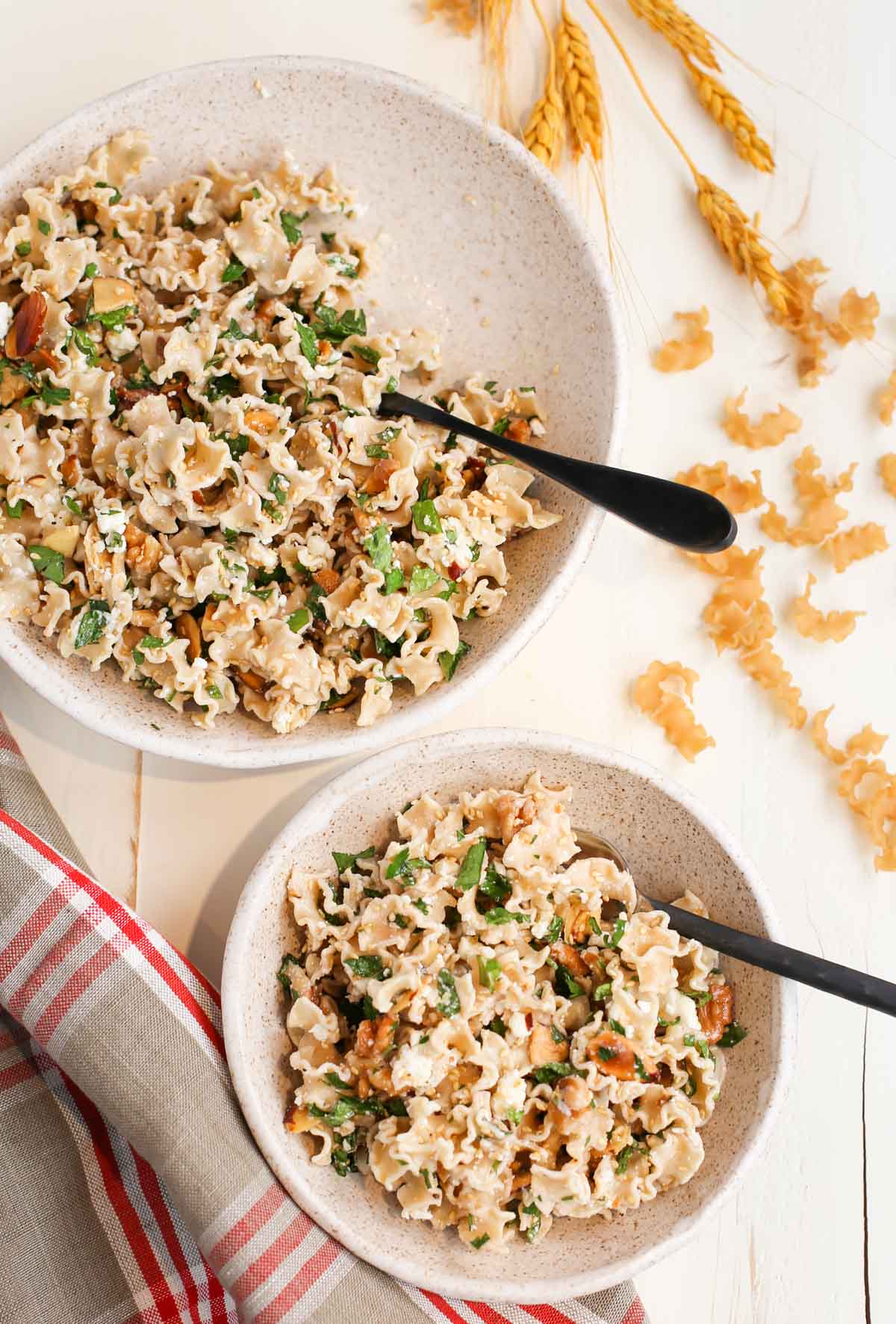 Two bowls of Toasted Nut And Feta Pasta Salad made with Good Day Pasta