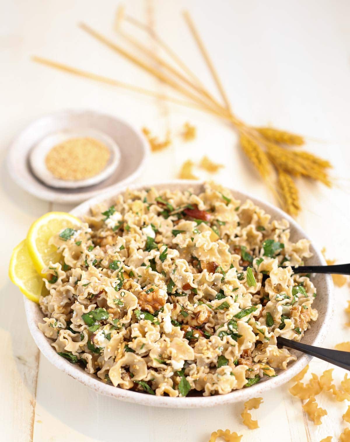 Side angle of Toasted Nut and Feta Pasta with 2 forks