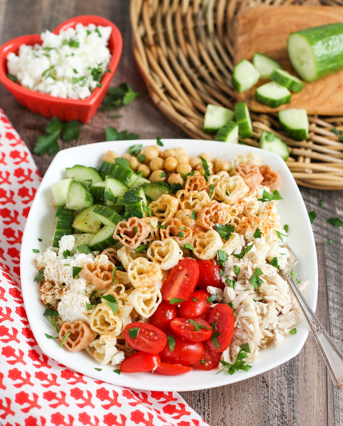 Greek Pasta Bowl with heart bowl and feta in background