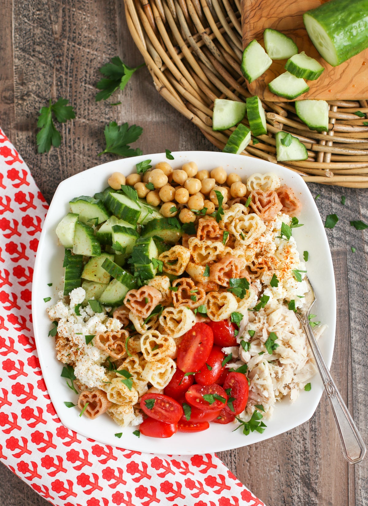 Greek Pasta Bowl Overhead with cucumbers