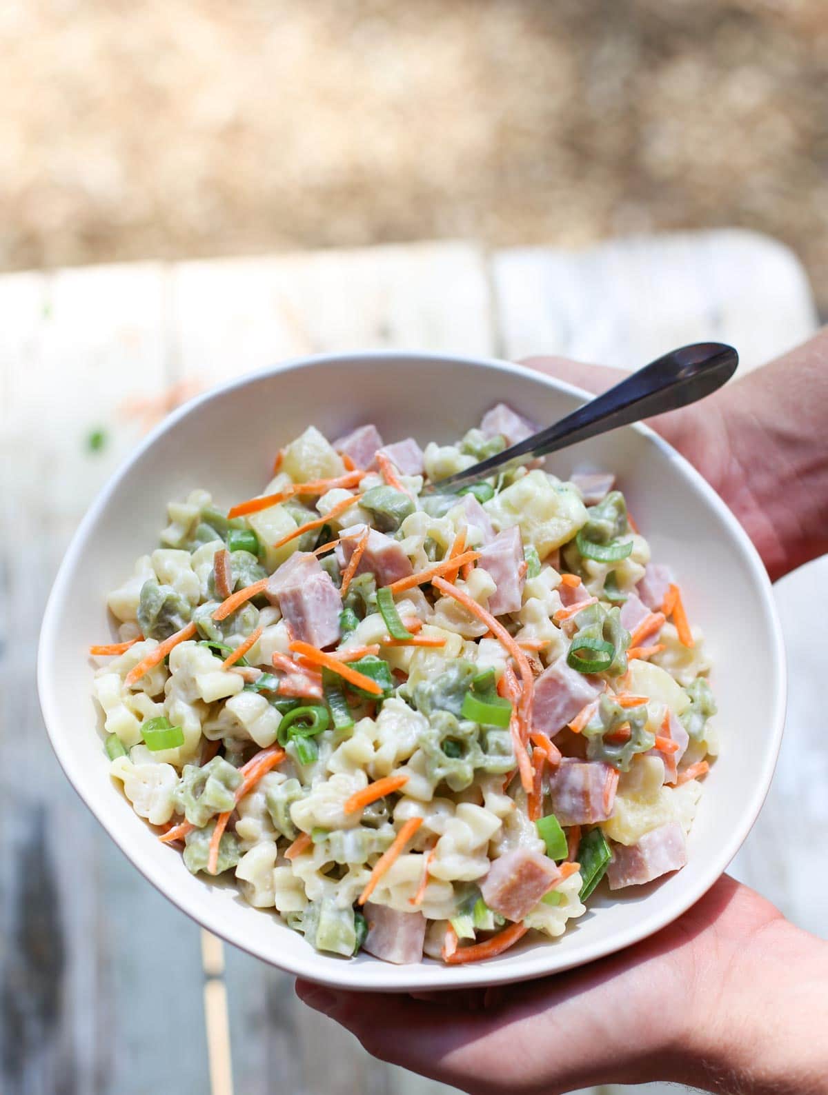 Hawaiian Pasta Salad | WorldofPastabilities | Sweet summer pasta salad combines pineapple, ham, carrots, and green onions with a deliciously fresh dressing! Perfect for a grill night or served with a summer picnic!