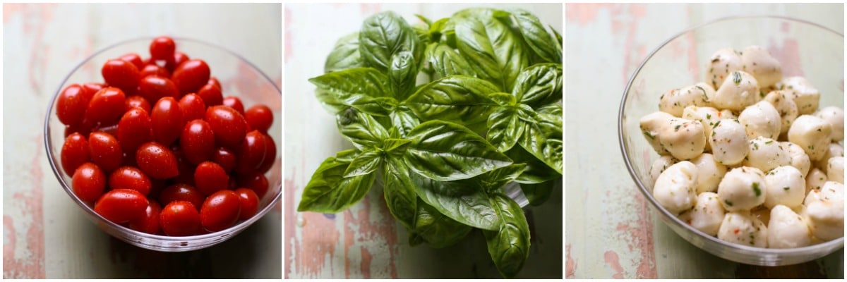 Fresh Basil Tomatoes and Mozzarella in three up close images