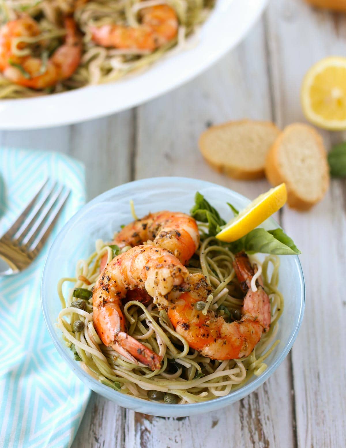 Creole Shrimp with Lemon Basil Pasta | Delicious Creole Spicy Shrimp atop a tangy lemon pasta, a perfect blend of flavors and textures! Serve for dinner at the beach or any poolside gathering. A wonderful simple treat for all! Yum! | WorldofPastabilities.com