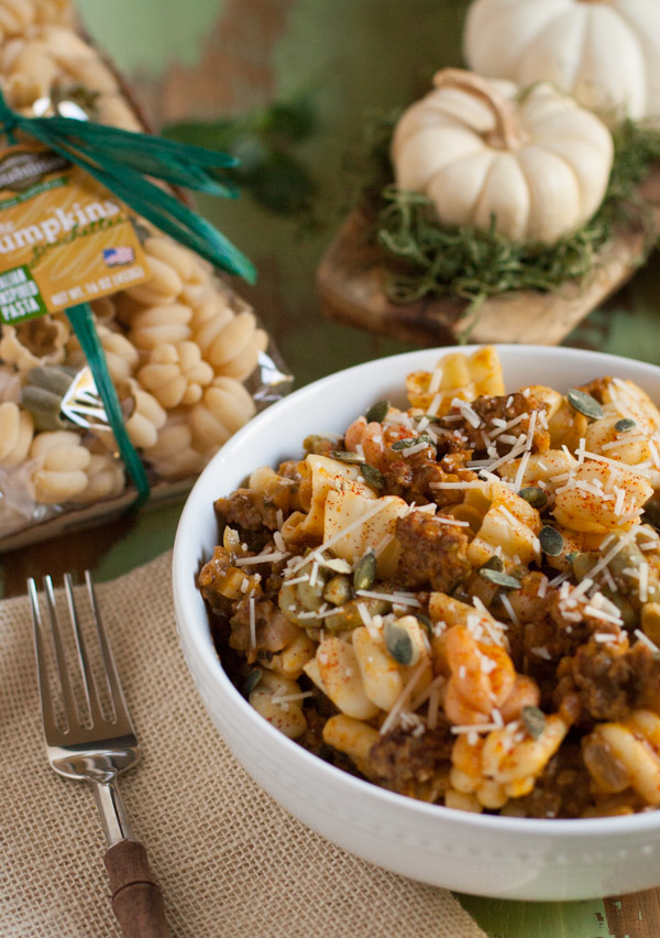 Italian Sausage and Pumpkin Pasta | This dish combines delicious fall flavors and textures. Pumpkin, Italian sausage, coconut milk, and spices create a hearty yet light pasta! Your tastebuds will love it! | WorldofPastabilities.com