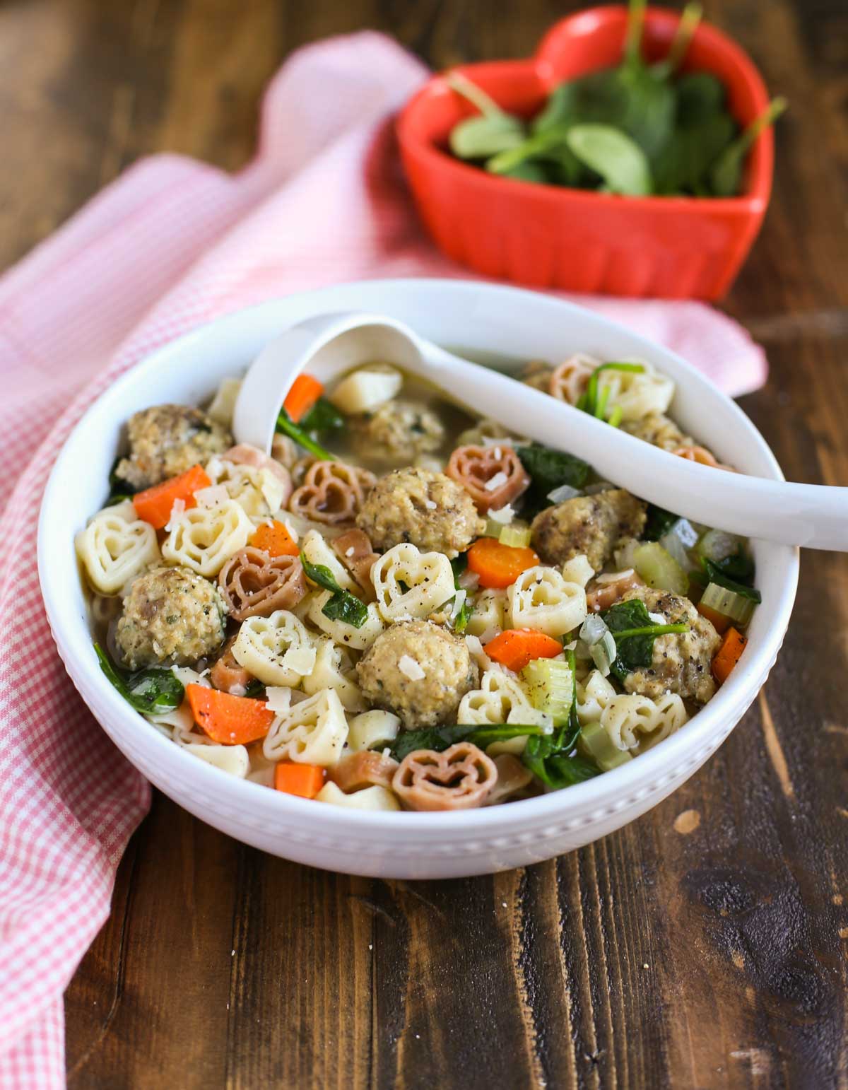 Italian Wedding Soup with Heart Pasta | Light & colorful made with Chicken Meatballs and Spinach | Delicious and fun with Heart Pasta | WorldofPastabilities.com