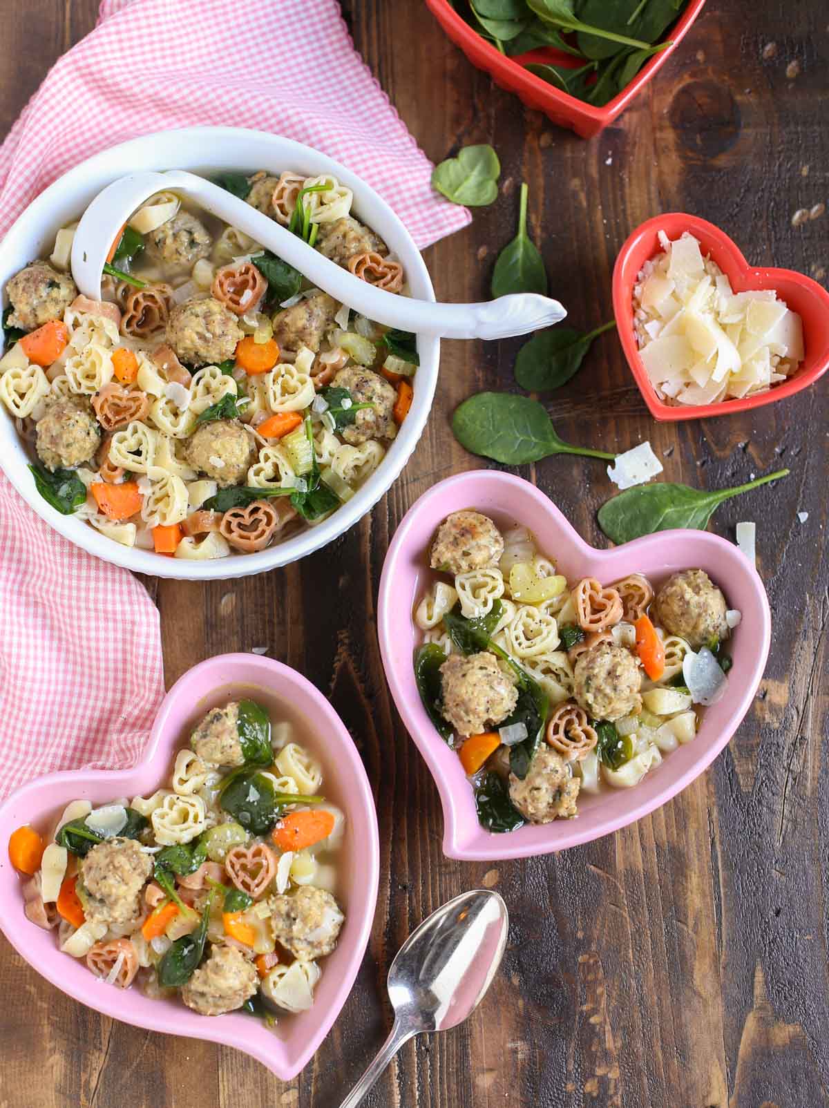 Italian Wedding Soup with Heart Pasta | Light & colorful made with Chicken Meatballs and Spinach | Delicious and fun with Heart Pasta | WorldofPastabilities.com