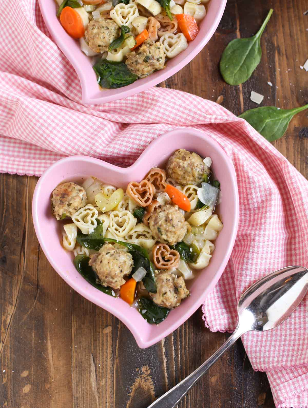 Italian Wedding Soup with Heart Pasta | Light & colorful made with Chicken Meatballs and Spinach | Delicious and fun with Heart Pasta | WorldofPastabilities.com