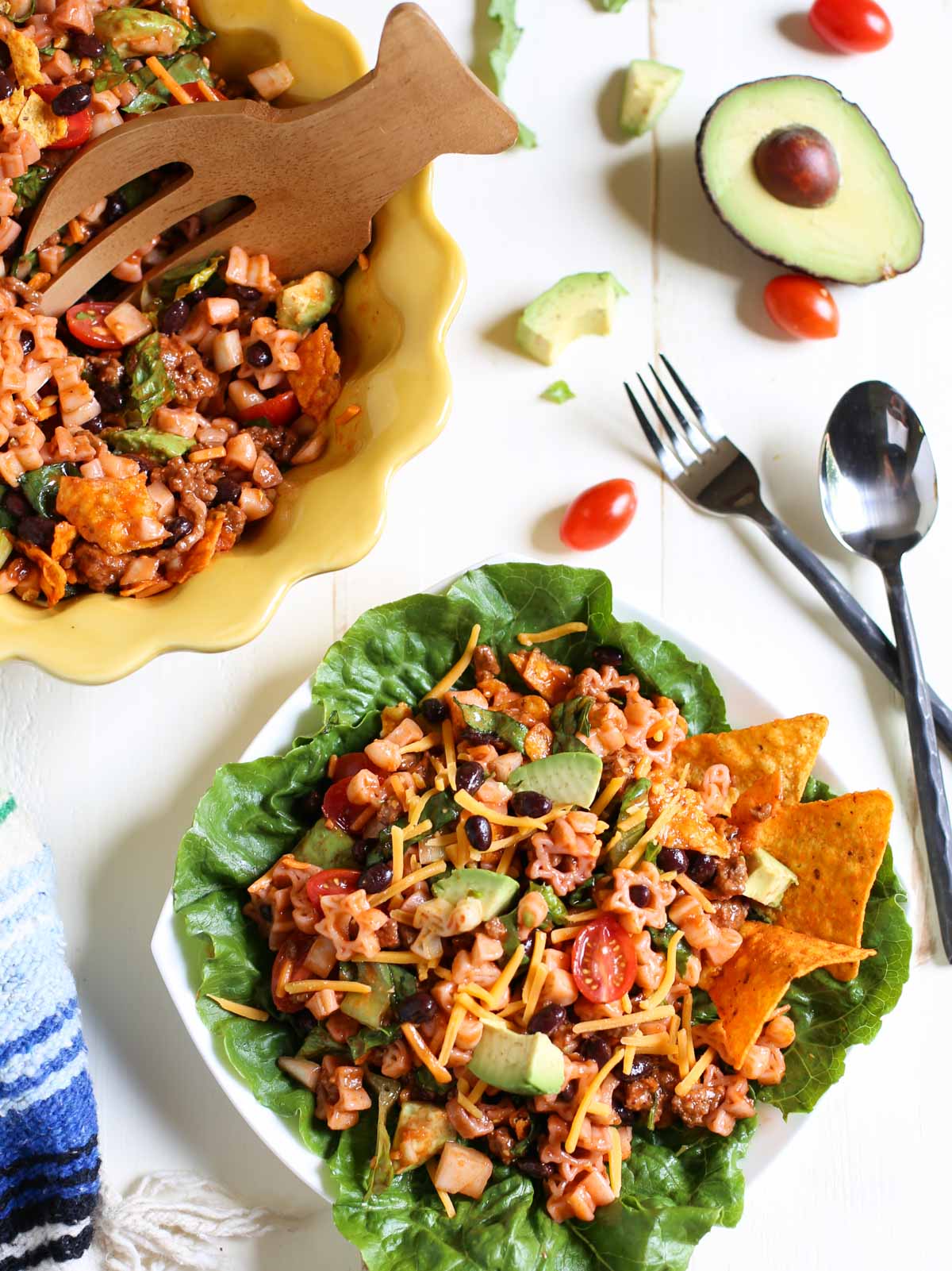 Mexican Chef Pasta Salad | Cha Cha Cha! Easy delish combo of sweet and tangy dressing with seasoned taco meat and fresh tomatoes, avocados and pasta. Add Doritos or corn chips - and the entire family goes crazy! A one pot yummy meal. Perfect for summer or beachside! | WorldofPastabilities.com