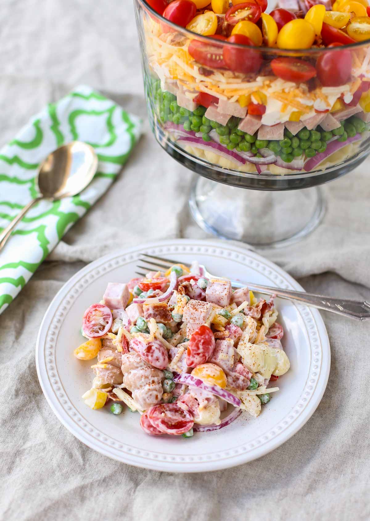 Nine Layer Pasta Salad | Nine layers of fresh textures and flavors combine to make a delicious pasta salad! A beautiful presentation that will wow your guests. Simple and Yum! | WorldofPastabilities.com