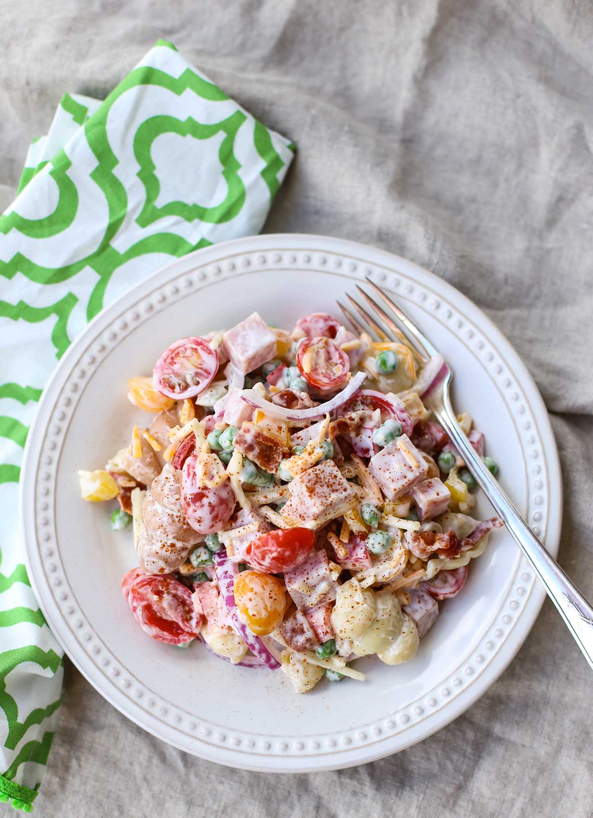 Nine Layer Pasta Salad | Nine layers of fresh textures and flavors combine to make a delicious pasta salad! A beautiful presentation that will wow your guests. Simple and Yum! | WorldofPastabilities.com