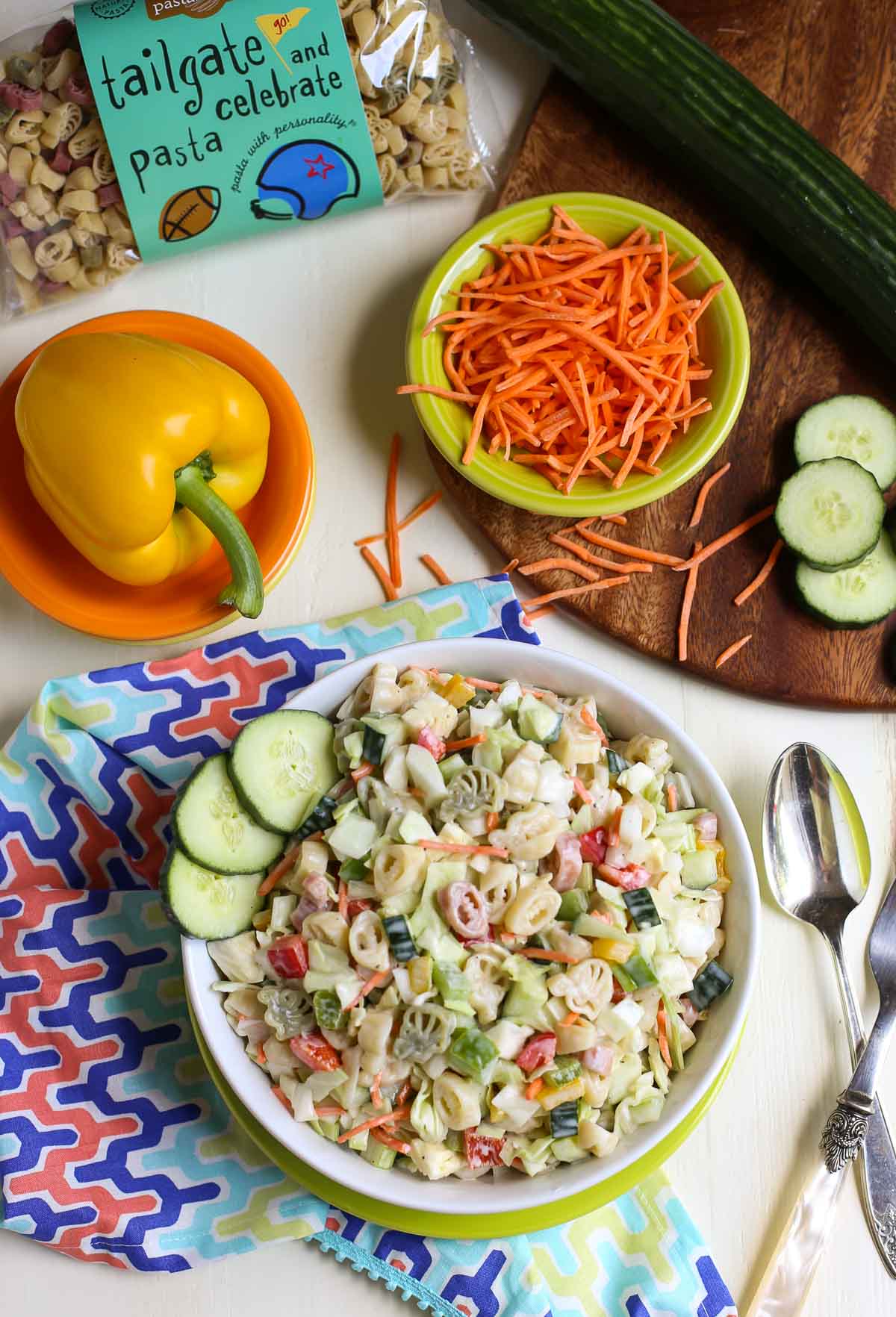 Pasta Slaw | BBQ's favorite side just got better! Pasta, cabbage, peppers, celery, etc plus a sweet and tangy sauce - it's a Wow! } WorldofPastabilities.com