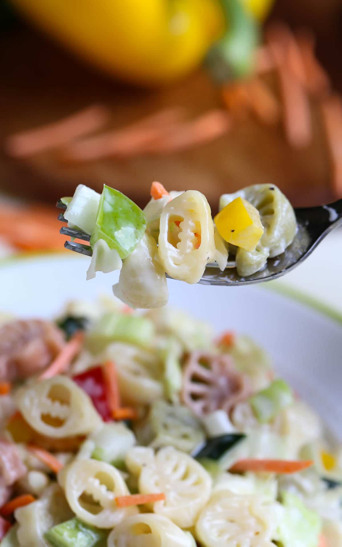 Pasta Slaw | BBQ's favorite side just got better! Pasta, cabbage, peppers, celery, etc plus a sweet and tangy sauce - it's a Wow! } WorldofPastabilities.com