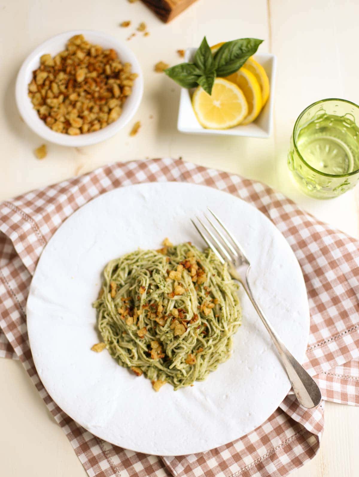 Pecan Pesto with Garlicky Breadcrumbs | One of the best EVER! recipes. The garlicky breadcrumbs with lemon zest make the dish. Serve alone or with grilled shrimp or salmon. | WorldofPastabilities.com