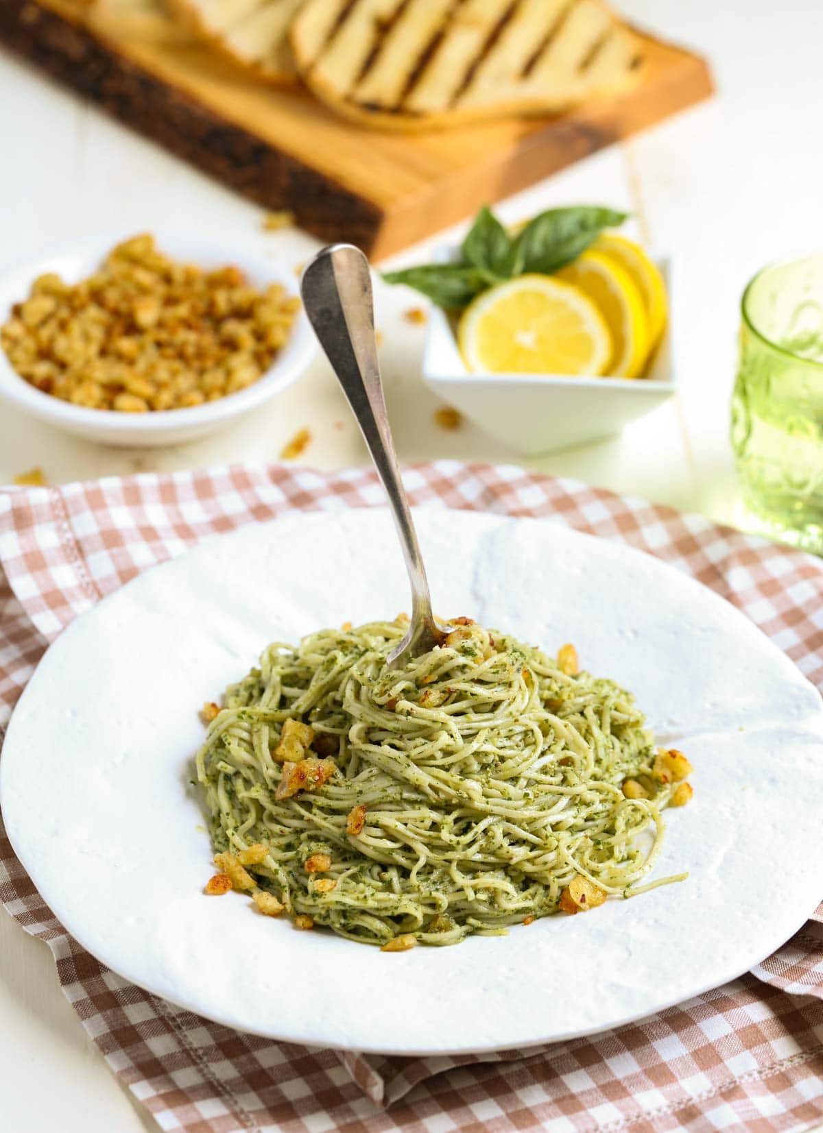 Pecan Pesto with Garlicky Breadcrumbs | One of the best EVER! recipes. The garlicky breadcrumbs with lemon zest make the dish. Serve alone or with grilled shrimp or salmon. | WorldofPastabilities.com