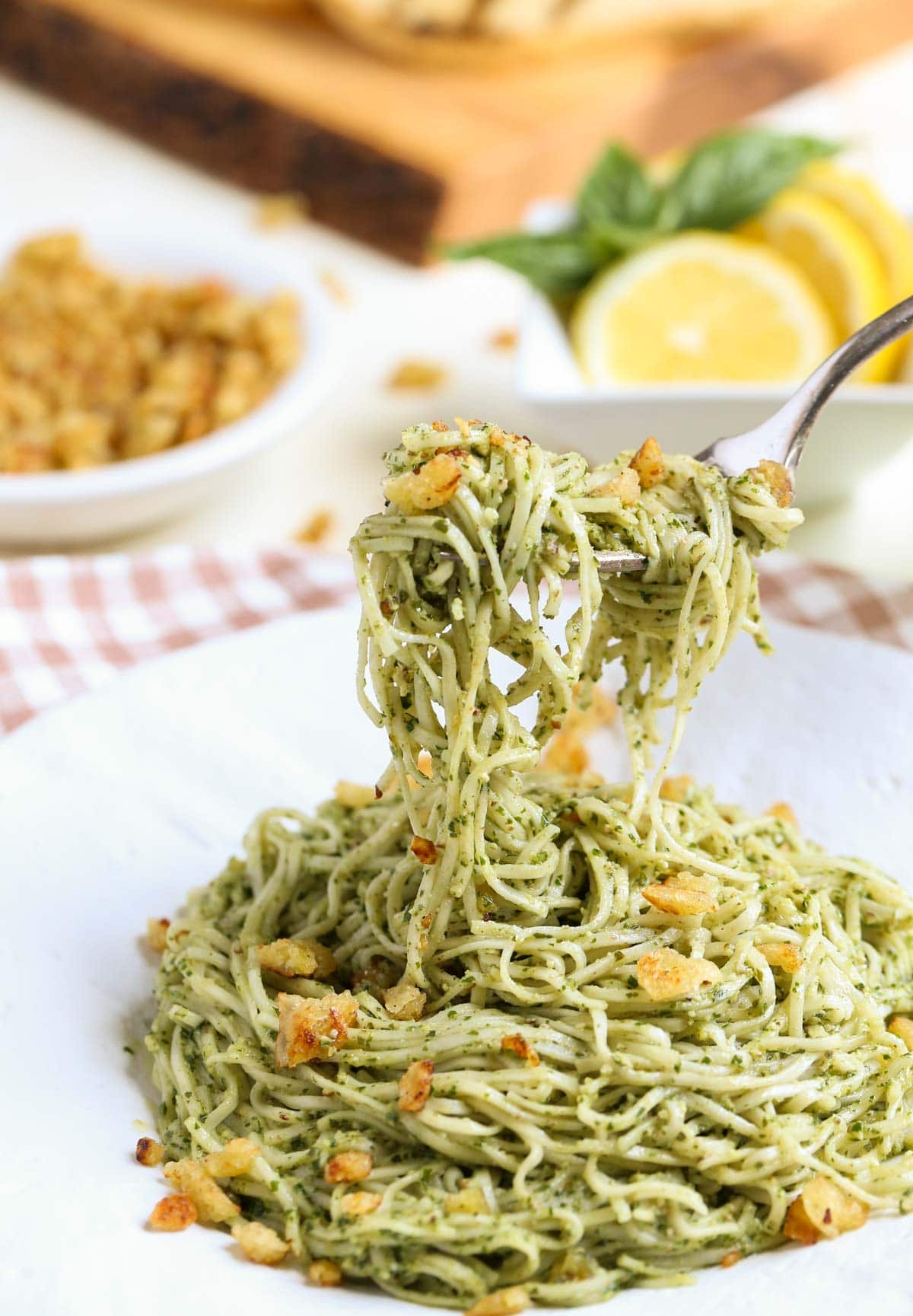 Pecan Pesto with Garlicky Breadcrumbs | One of the best EVER! recipes. The garlicky breadcrumbs with lemon zest make the dish. Serve alone or with grilled shrimp or salmon. | WorldofPastabilities.com