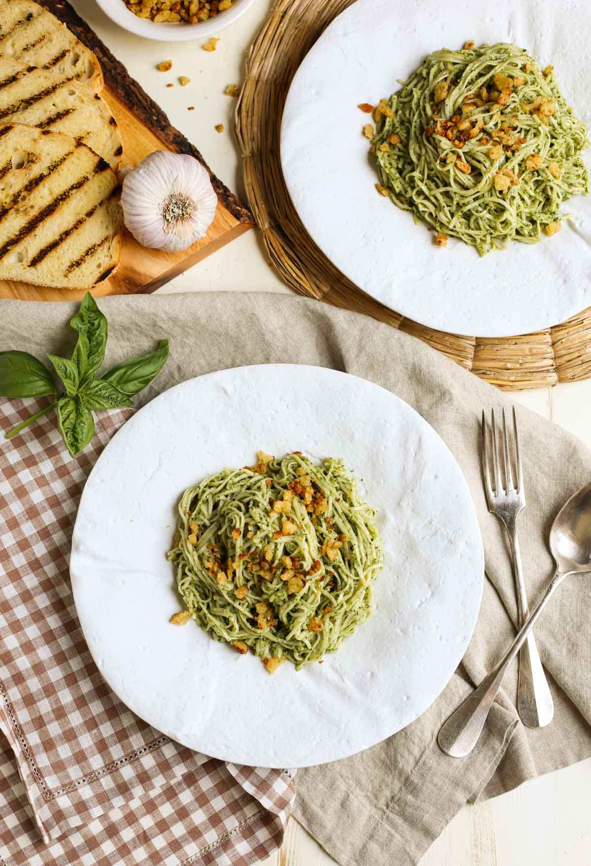 Pecan Pesto with Garlicky Breadcrumbs | One of the best EVER! recipes. The garlicky breadcrumbs with lemon zest make the dish. Serve alone or with grilled shrimp or salmon. | WorldofPastabilities.com