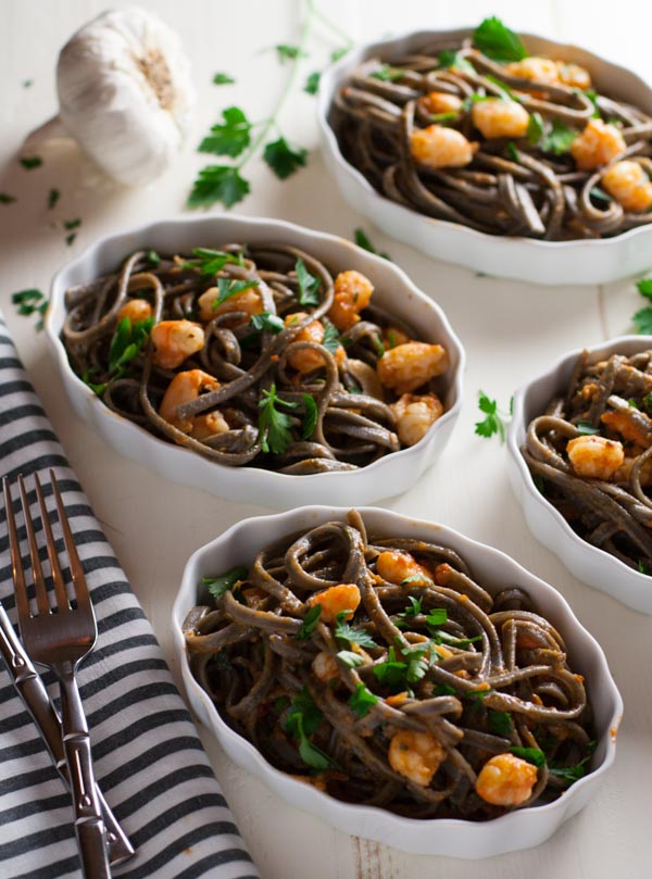 Squid Ink Pasta with Shrimp and Tomatoes | WorldofPastabilities.com