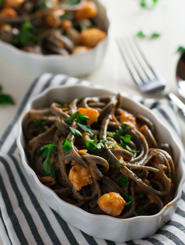 Squid Ink Pasta with Shrimp and Tomatoes | WorldofPastabilities.com