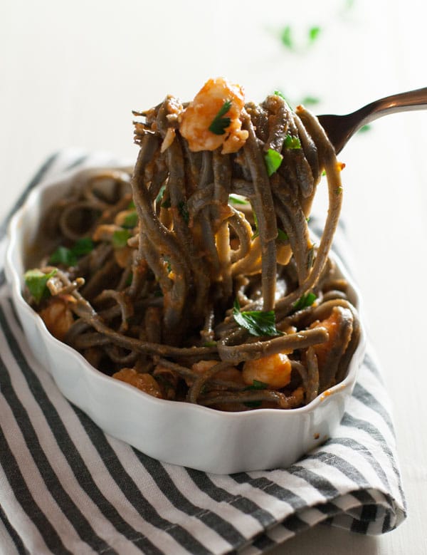 Squid Ink Pasta with Shrimp and Tomatoes | WorldofPastabilities.com