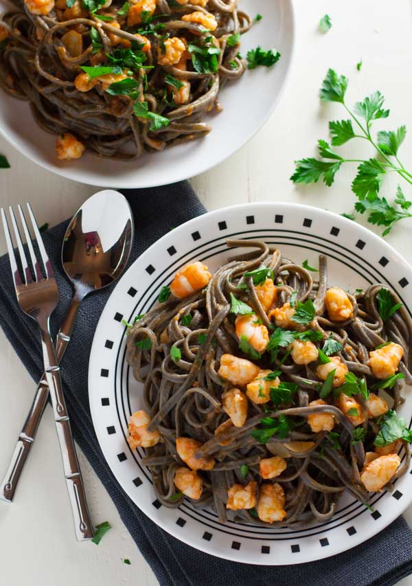 Squid Ink Pasta with Shrimp and Tomatoes