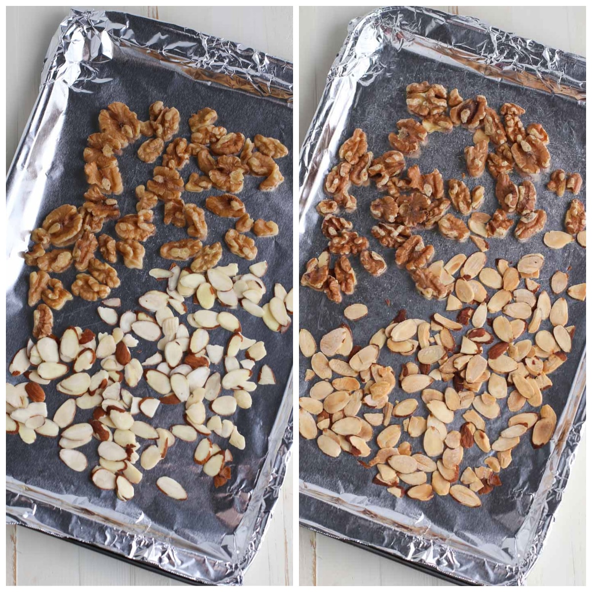 Two images comparing raw nuts and toasted nuts
