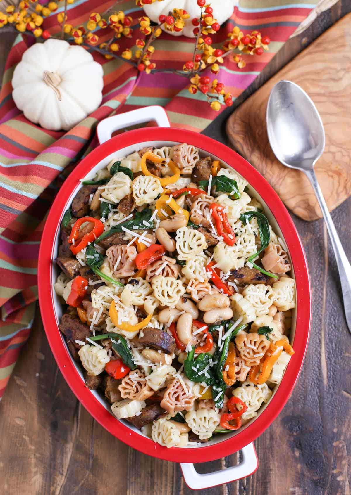 Veggie Sausage and Sweet Peppers with Turkey Pasta - a Thanksgiving Alternative! | Vegan Sausage, onions, colorful sweet peppers, fresh spinach and cannellini beans combine to make a delicious and hearty dish! | Add something new to your menu! | WorldofPastabilities.com