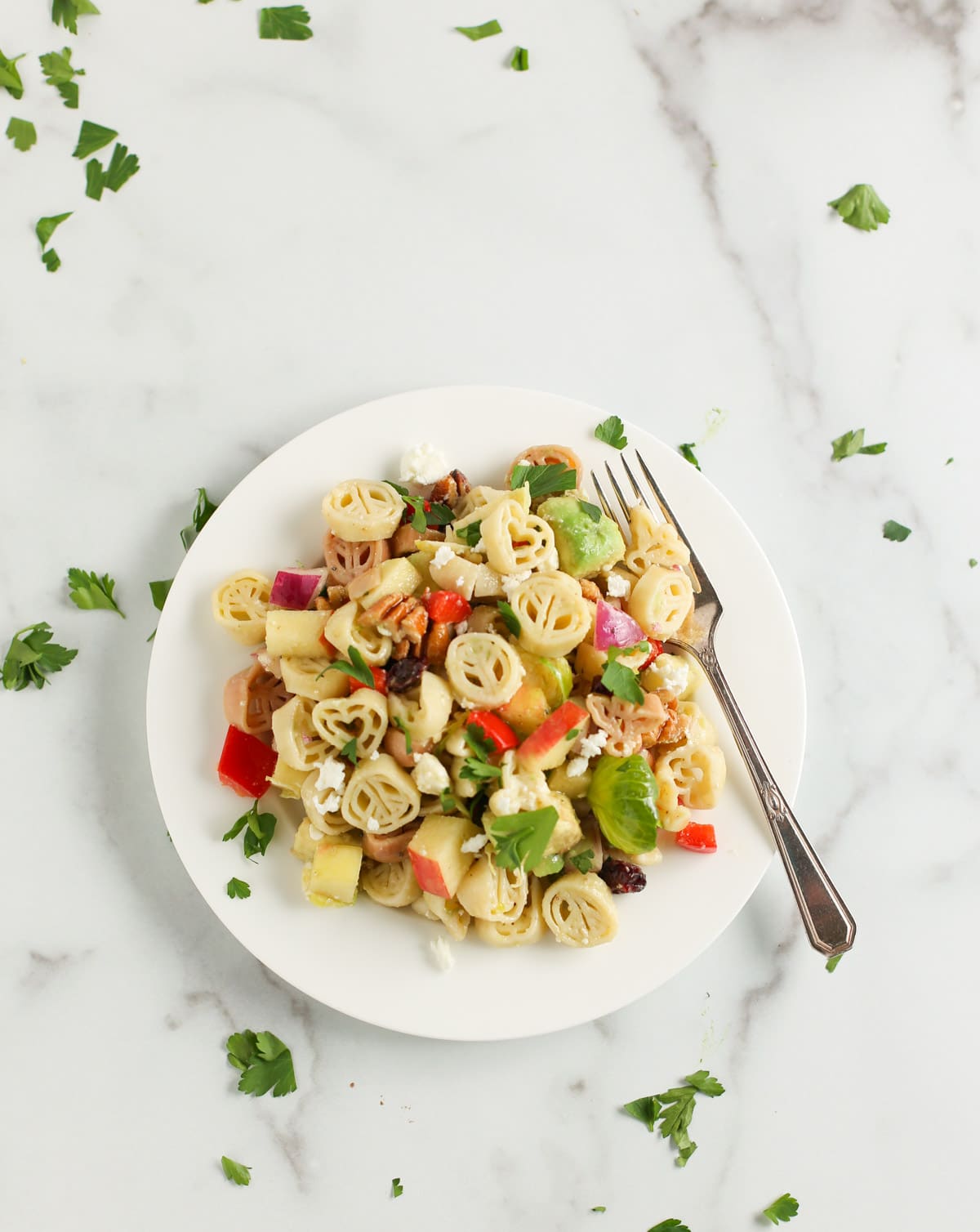 Single overhead shot of white plate with pasta and fork