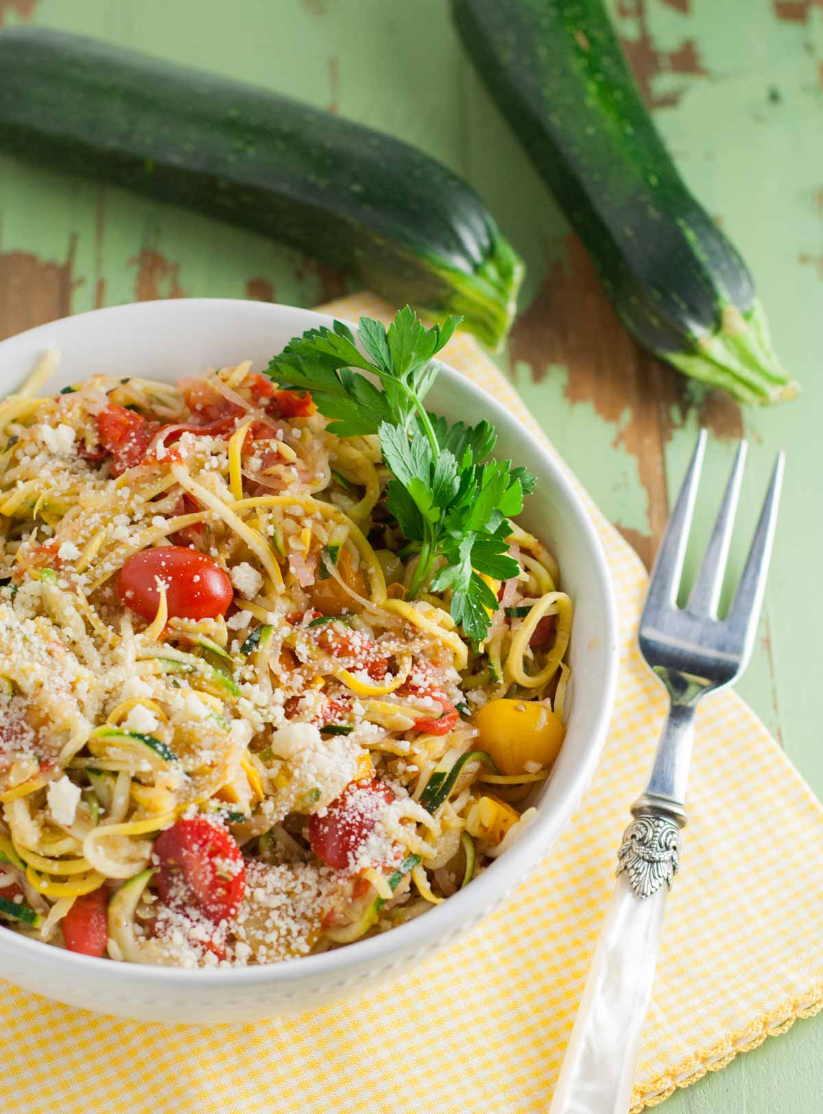 zucchini “pasta” with chicken, white wine, & tomatoes