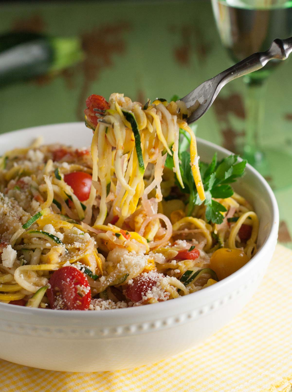 zucchini “pasta” with chicken, white wine, & tomatoes