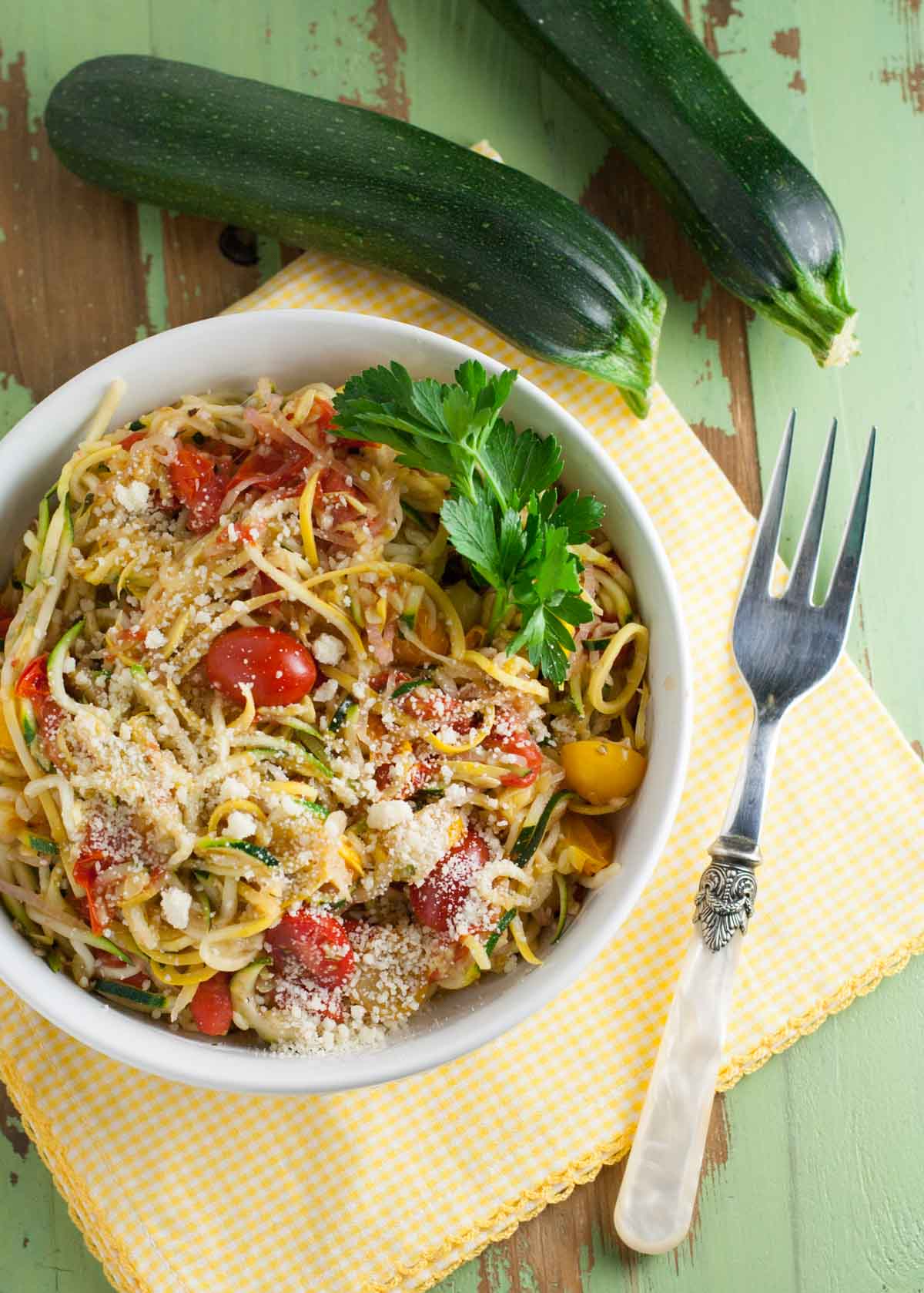 Zucchini Noodles with White Wine Sauce | WorldofPastabilities.com | Healthy and delicious zucchini and squash noodles make any meal colorful! as a main course or side dish - you will be amazed how a shape can transform a veggie! Even the kids raved!