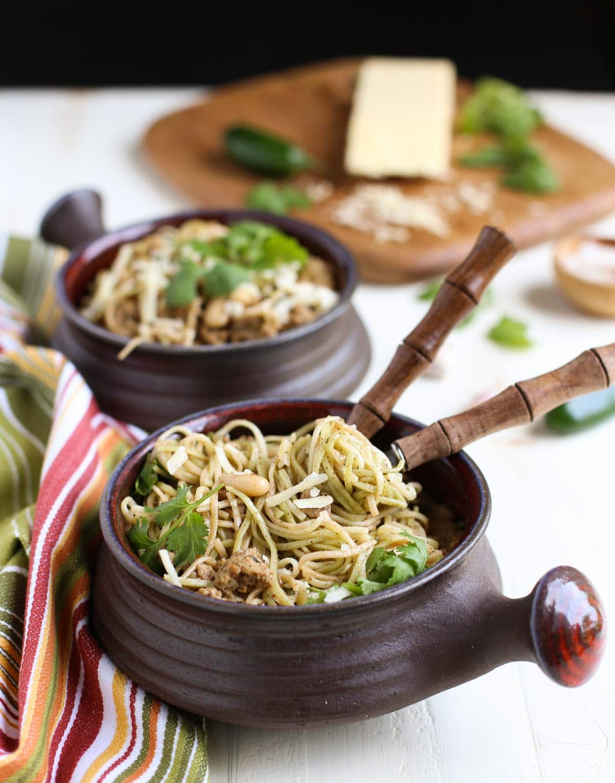 Hearty and subtle pasta dish blending flavors of a chili and spaghetti! Delish! Beans, ground chicken, and lots of spices with Angel Hair Pasta - yum! | WorldofPastabilities.com