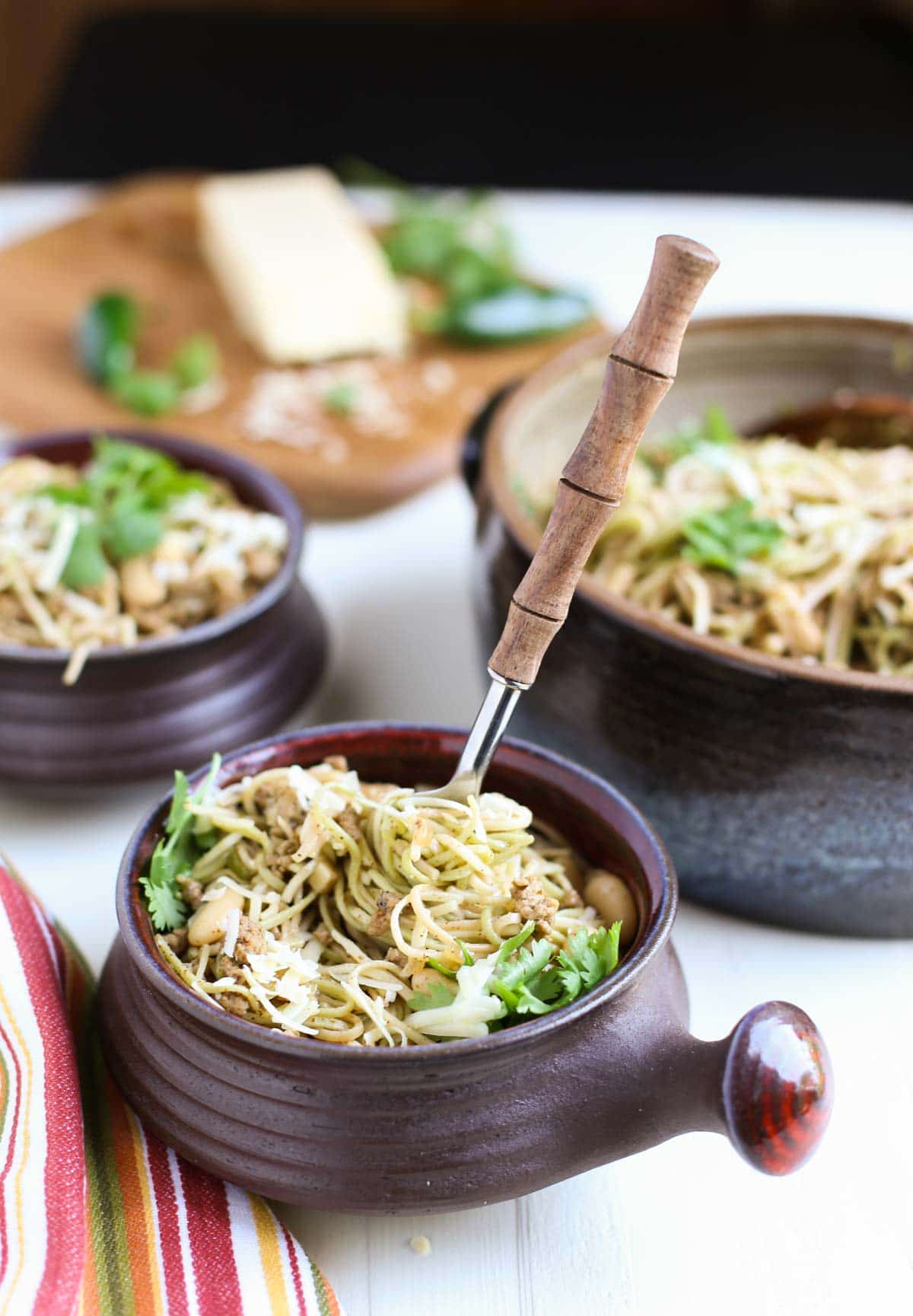 Hearty and subtle pasta dish blending flavors of a chili and spaghetti! Delish! Beans, ground chicken, and lots of spices with Angel Hair Pasta - yum! | WorldofPastabilities.com