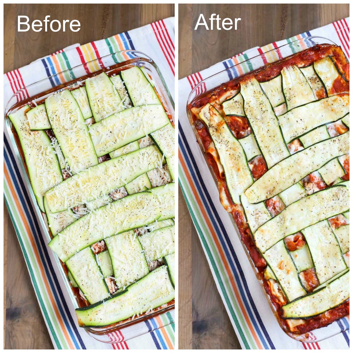 Zucchini Lasagna | Have you ever seen such a pretty lasagna? The Zucchini ribbons woven into a lattice pattern adds to the decadent taste of this dish! A crowd favorite for any event! WorldofPastabilities.com